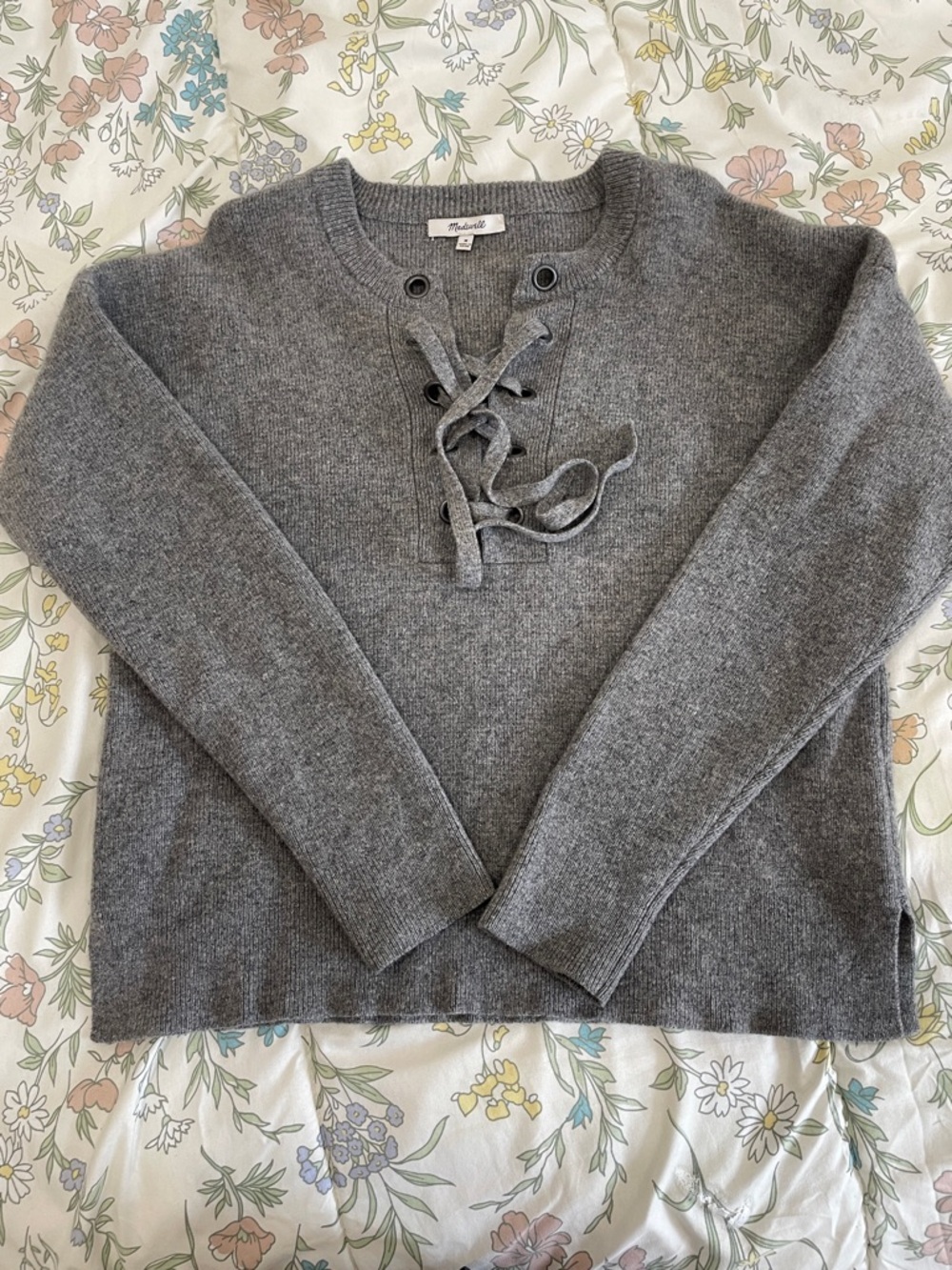 Madewell Gray Lace-Up Crewneck Sweater